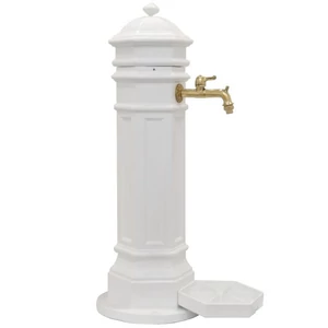 PISA Standbrunnen für den Garten, antik, weiss, Gartenbrunnen aus Metall (Aluminium) mit Wasserhahn