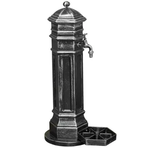 PISA Standbrunnen für den Garten, antik, schwarz und Patina Silber, Gartenbrunnen aus Metall (Aluminium) mit Wasserhahn