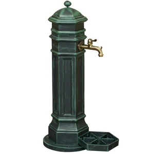 PISA Standbrunnen für den Garten, antik, schwarz und Patina grün, Gartenbrunnen aus Metall (Aluminium) mit Wasserhahn