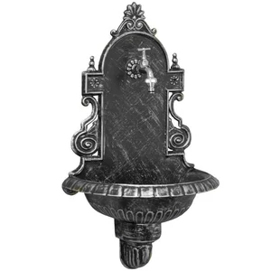 VERONA Wandbrunnen für den Garten, antik, schwarz und Patina Silber, Gartenbrunnen aus Metall (Aluminium) mit Wasserhahn