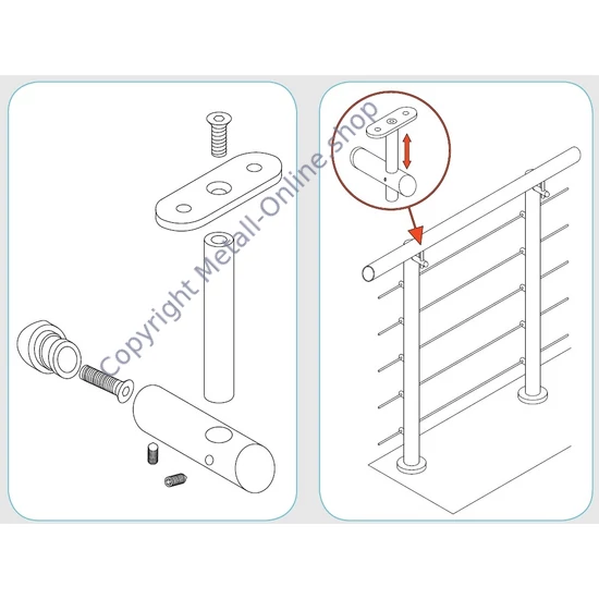Handlaufhalter für Vierkantrohr, anbaubar an Rundrohr, höhenverstellbar, Edelstahl (AISI 304 - V2A), verschiedene Größen