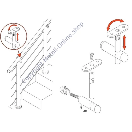Handlaufhalter für Vierkantrohr, anbaubar an Vierkantrohr, höhenverstellbar, mit Gelenk, Edelstahl (AISI 304 - V2A)