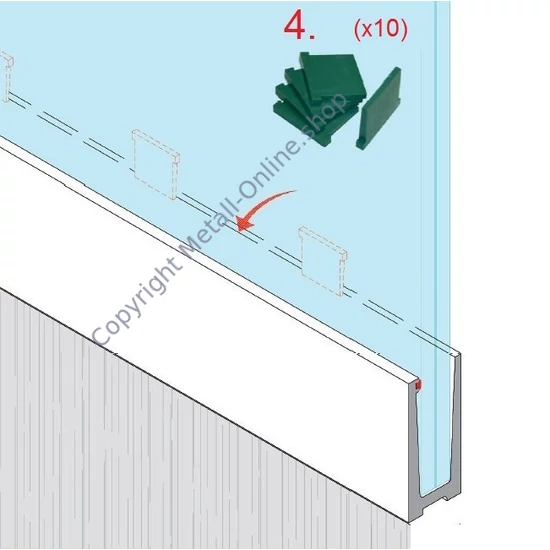 Unteres Glasleistenprofil aus Aluminium, mit seitlicher Befestigung