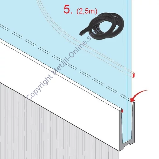 Unteres Glasleistenprofil aus Aluminium, mit seitlicher Befestigung