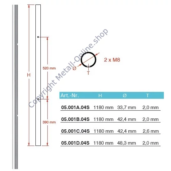 Geländerpfosten, Edelstahl, vorgebohrt für Glashalter, mit 2xM8 Bohrung (AISI 304 - V2A), verschiedene Größen