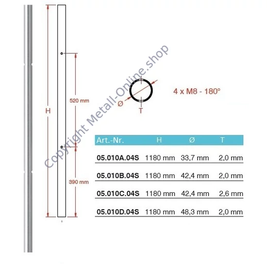 Geländerpfosten, Edelstahl, vorgebohrt für Glashalter, mit 4xM8 Bohrung 180° (AISI 304 - V2A), verschiedene Größen