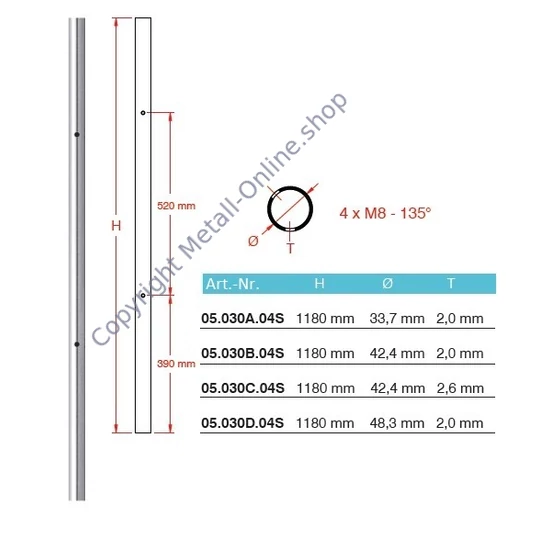 Geländerpfosten, Edelstahl, Rundrohr, vorgebohrt für Glashalter, 4 M8 Bohrungen, 135° (AISI 304 - V2A), verschiedene Größen