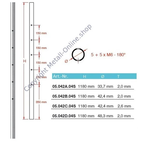 Geländerpfosten, Edelstahl, Rundrohr vorgebohrt für Querstabhalter, 5+5 M6 180° Bohrungen, (AISI 304 - V2A), verschiedene Größen