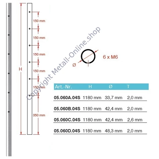 Geländerpfosten, Edelstahl, Rundrohr, vorgebohrt für Querstabhalter, mit 6+6 M6 Bohrungen 180° (AISI 304 - V2A), verschiedene Größen