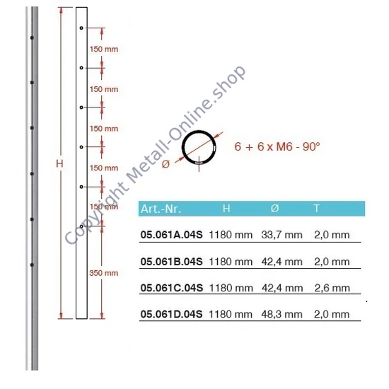 Geländereckpfosten, Edelstahl, Rundrohr, vorgebohrt für Querstabhalter, mit 6+6 M6 Bohrungen 90° (AISI 304 - V2A), verschiedene Größen
