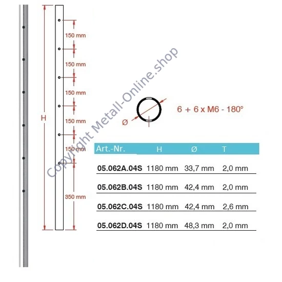 Geländerpfosten, Edelstahl, Rundrohr, vorgebohrt für Querstabhalter, mit 6+6 M6 Bohrungen 180° (AISI 304 - V2A), verschiedene Größen