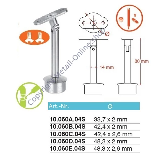 Handlaufstütze für Vierkantrohr, für Rundrohr, mit Gelenk, Edelstahl (AISI 304 - V2A), verschiedene Größen