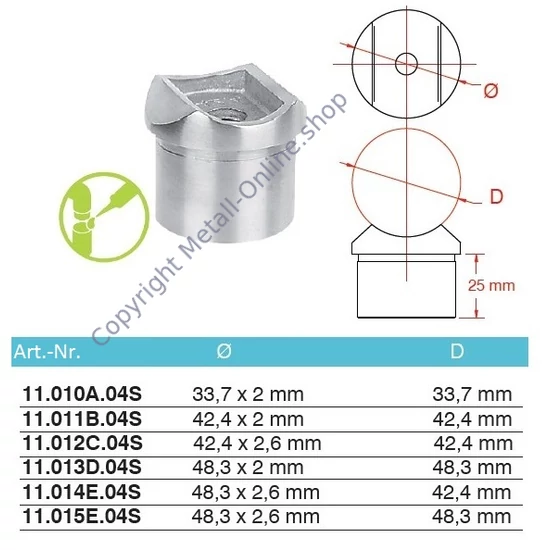 Handlaufstütze und Verbinder für Rundrohr, für Rundrohr, Edelstahl (AISI 304 - V2A), verschiedene Größen