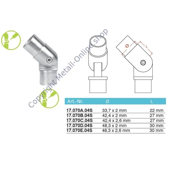 Eckbogen mit Gelenk, Edelstahl (AISI 304 - V2A), verschiedene Größen