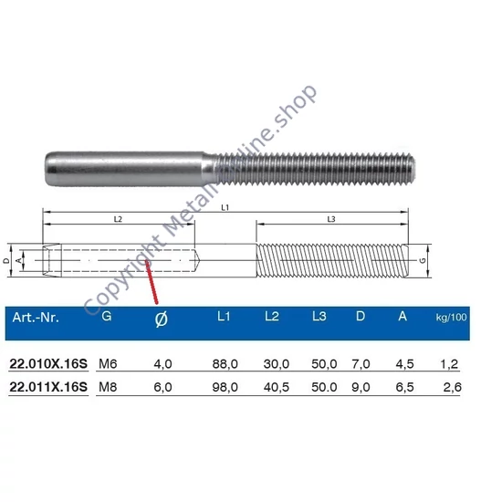Anschlußstück für Drahtseilspanner, Rechtsgewinde, Edelstahl (AISI 316 - V4A), verschiedene Größen