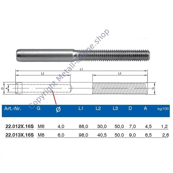 Anschlußstück für Drahtseilspanner, Linksgewinde, Edelstahl (AISI 316 - V4A), verschiedene Größen