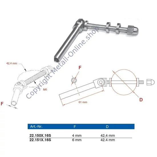 Gewindeterminal mit Gelenk für Drahtseil, Anschluß an Rundrohr 42,4mm, Edelstahl (AISI 316 - V4A), verschiedene Größen