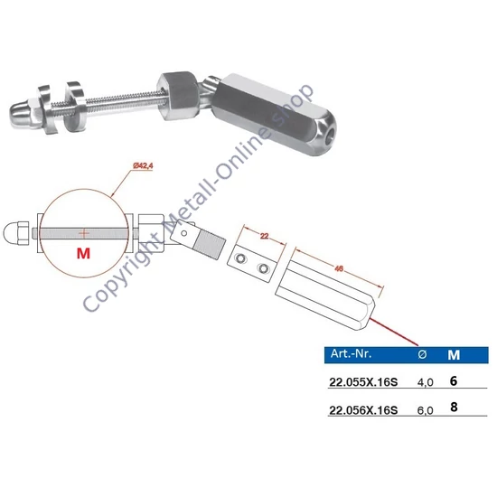 Gewindeterminal mit Gelenk für Drahtseil, Anschluß an Rundrohr 42,4mm, Edelstahl (AISI 316 - V4A), verschiedene Größen
