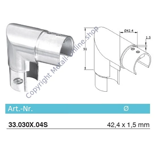 Eckbogen 90° für Glasleistenrohr, vertikal, Edelstahl (AISI 304 - V2A)