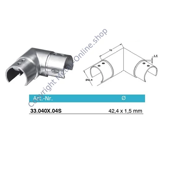 Eckbogen 90° für Glasleistenrohr, horizontal, Edelstahl (AISI 304 - V2A)
